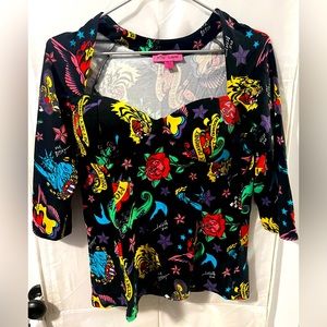 NWOT Betsey Johnson 80’s Bash Corset Raglan Tattoo Top Sz XL